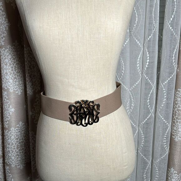 Vintage tan Elastic Stretch Belt with metal gold  buckle - Picture 1 of 3